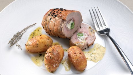 Recette : Filet mignon de porc rôti en croûte de nigelle, coeur asperge et coppa, miel chaud épicé - PassionFroid