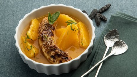 Recette : Banane rôtie, glace mangue, soupe d&#039;oranges et fève tonka - PassionFroid