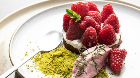 Recette : Palet framboise, yaourt grec anisé, sorbet rhubarbe - PassionFroid
