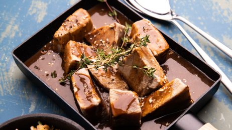 Recette : Daube de thon au soja balsamique, épeautre au jus de crustacés - PassionFroid