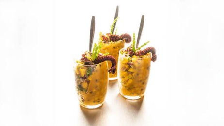 Recette : Tartare de mangue, au calamar acidulé et poulpe au fruit de la passion - PassionFroid